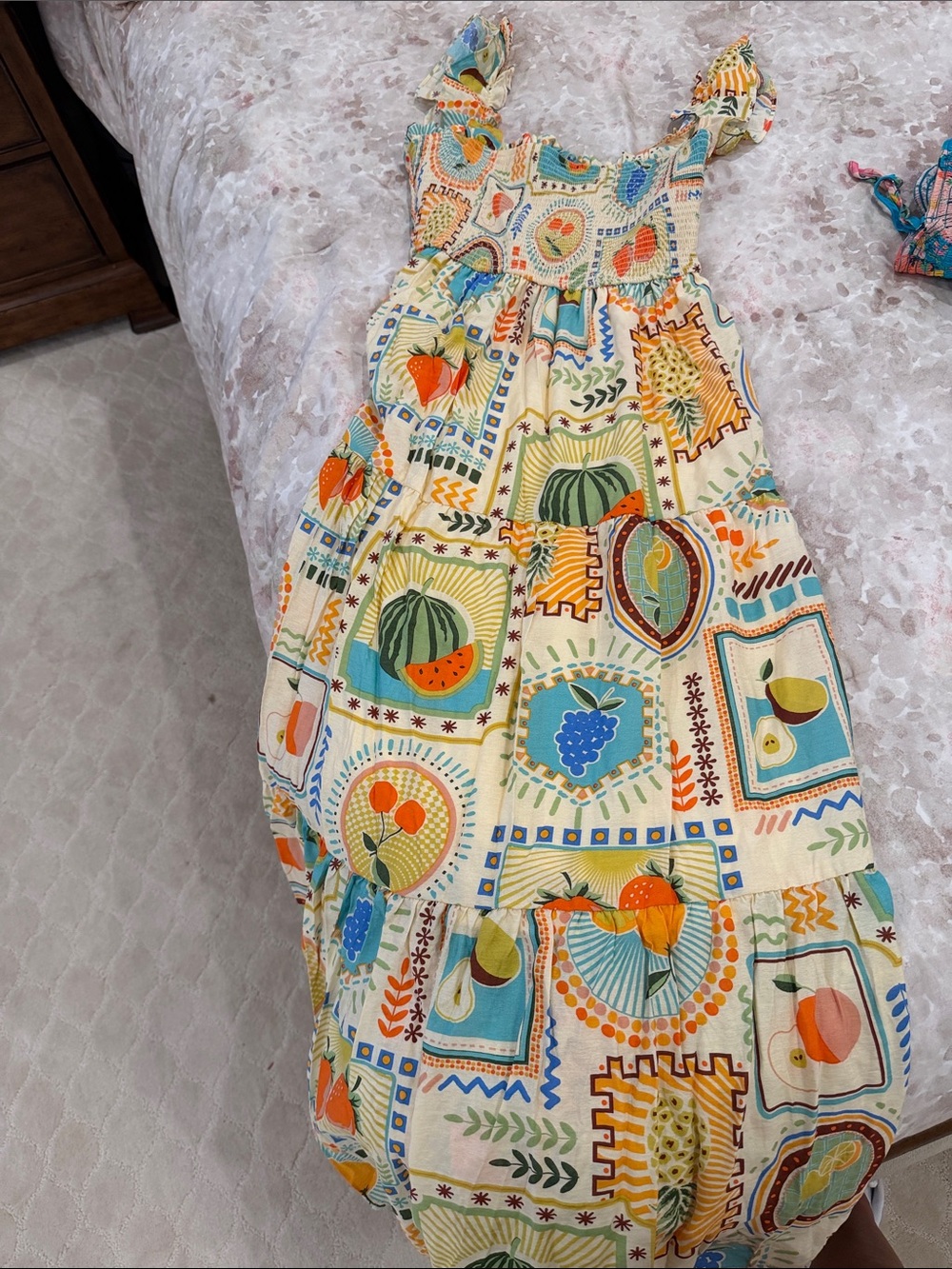 Summer Fruit-Print Sundress in Cream and Blue